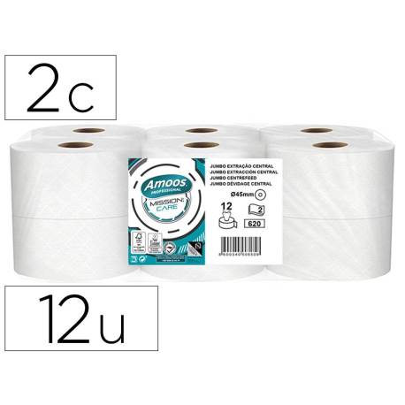 PAPEL HIGIENICO AMOOS JUMBO INDUSTRIAL MISSION CARE EXTRACCION CENTRAL 2 CAPAS 33G/M2 PAQUETE DE 12 ROLLOS