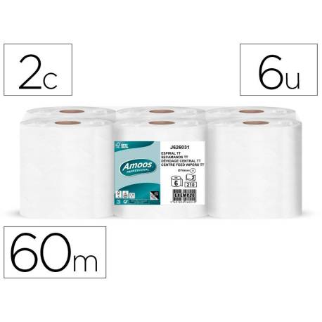 PAPEL SECAMANOS AMOOS INDUSTRIAL 2 CAPAS 32G/M2 CELULOSA BLANCO 60 MT PAQUETE DE 6 BOBINAS
