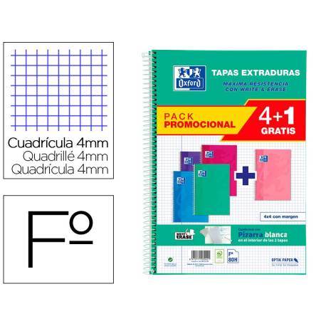 Cuaderno espiral oxford tapa extradura folio 80 hojas cuadro 4 mm con pizarra blancapack 4+1 colores surtidos