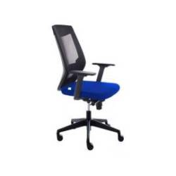 SILLA ROCADA DE OFICINA CON RUEDAS Y BRAZOS TAPIZADA EN TELA IGNIFUGA AZUL Y RESPALDO EN POLIMERO NEGRO