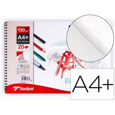 BLOC DE DIBUJO SADIPAL FABRIANO DIN A4+ 20 HOJAS 130GR ESPIRAL GRANO SUAVE MICROPERFORADO LISO