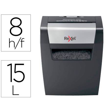 DESTRUCTORA DE DOCUMENTOS REXEL MOMENTUM X308 CAPACIDAD DE CORTE 8 HOJAS DESTRUYE GRAPAS Y CLIPS 15 LITROS