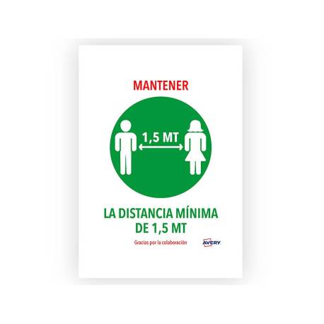 SEÑAL ADHESIVA AVERY MANTENER DISTANCIA MININA DE 1,5 MT DIN A4 RESISTENTE A LOS RAYOS UV PACK DE 2 UNIDADES