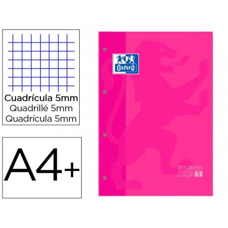 Recambio color 1 oxford din a4+ 80 hojas 90 gr cuadro 5 mm 4 taladros fucsia.