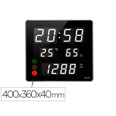RELOJ ORIUM CEP CON MEDIDOR DE CO2 PANTALLA LED ALARMA PERSONALIZABLE Y SENSOR DE INFRARROJOS 400X360X40 MM