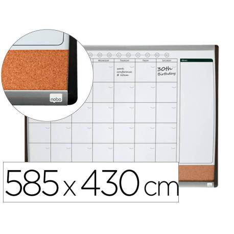 PLANIFICADOR MENSUAL NOBO MAGNETICO + TABLERO CORCHO HORIZONTAL CON MARCO ARQUEADO PLATA Y NEGRO 585X430 MM
