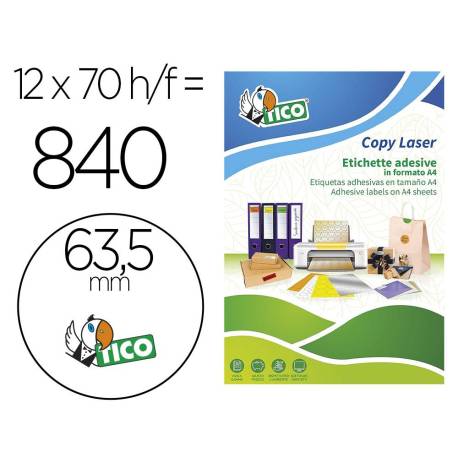 ETIQUETA ADHESIVA TICO VERDE FLUOR PERMANENTE FSC LASER/ INKJET/FOTOCOPIA REDONDA 63,5 MM CAJA DE 840 UNIDADES